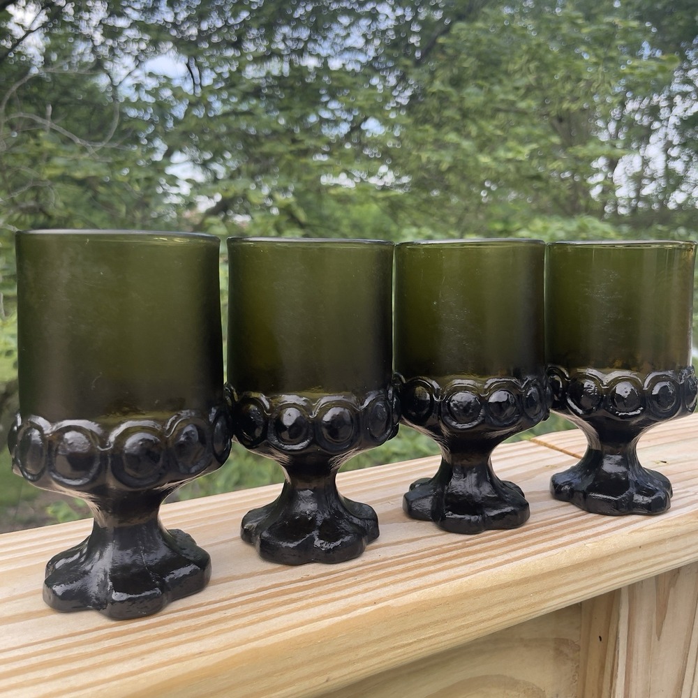 VTG Tiffin Franciscan Madeira Olive Green Glass Footed Goblet Juice Wine 70s X4